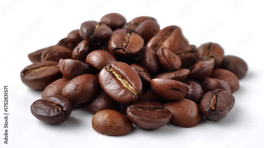 Fototapeta premium Pile Of Roasted Coffee Beans Macro Shot Studio Lighting Isolated On White