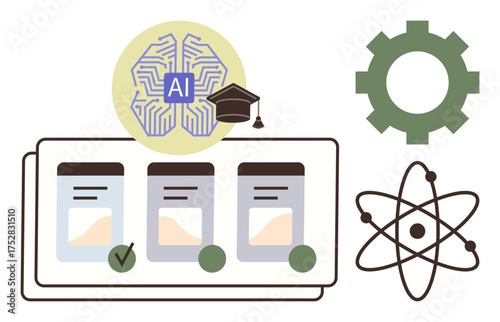 Neural network with AI, learning modules, green gear, and atom illustration. Ideal for education, AI technology, e-learning, innovation research science automation. Simple flat metaphor