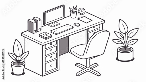 Isometric Line Art Office Workspace with Computer Desk Chair and Plants for Remote Work Productivity and Professional Business Design Illustration