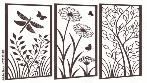 Elegant Laser Cut Nature Wall Art Panels with Dragonfly Butterflies Flowers Tree for Modern Home Garden Decor and Serene Interior Design