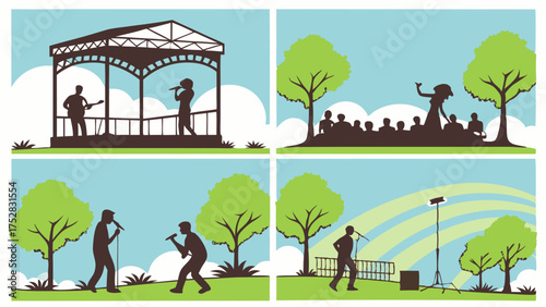Outdoor Live Music Concerts And Community Events Silhouettes. Musicians Performing In Park For Summer Festival Entertainment And Fun.