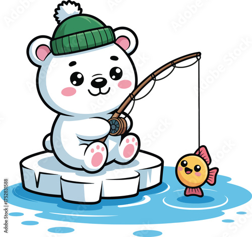 Kawaii Polar Bear Ice Fishing illustration, kawaii winter Clipart, winter holiday Sublimation, winter season Graphic
