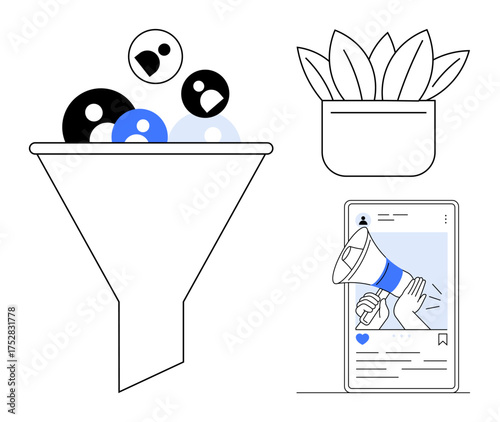 Funnel with user interaction icons, growing plant, and social media post with a megaphone. Ideal for marketing, social media, audience targeting, growth, engagement, strategy digital advertising