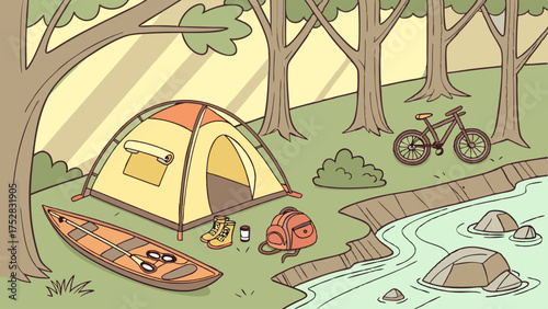 Lakeside Forest Camping Adventure with Tent Kayak Bicycle. Summer Outdoor Recreation for Healthy Lifestyle and Travel Marketing.