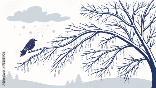 Winter Landscape with Solitary Bird on Icy Tree Branch Falling Snow and Cold Weather Vector