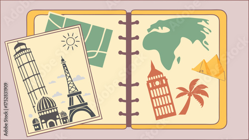 Illustrated Travel Journal with World Map, Famous Landmarks, and Vacation Photos. Planning Global Trips, Tourism Marketing, and Inspiring Wanderlust.
