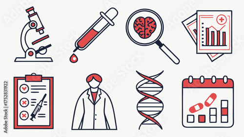 Medical Science Research Icons Set. Healthcare Laboratory Analysis, DNA, Brain Study, Clinical Trials. Doctor, Medicine Development, Biotechnology Innovation.