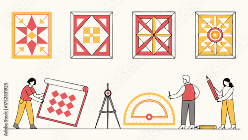 People Designing Geometric Quilt Patterns and Architectural Blueprints. Using Drafting Tools for Creative Crafting, Education, and Precision Planning