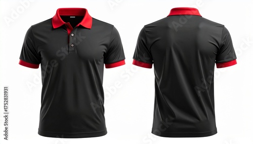Front and back view of a black polo shirt with red collar and cuffs, isolated on white background of mockup