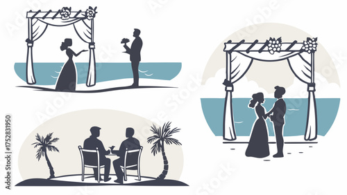 Romantic Beach Wedding Proposal, Happy Couple Ceremony, and Dinner on Tropical Island. Perfect for Destination Weddings, Honeymoons, Travel, and Resort Marketing