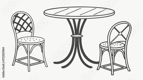Elegant Cafe Bistro Table and Chairs Line Art for Outdoor Dining, Restaurant Menu Design, Hospitality Web Graphics