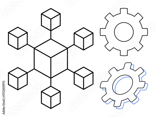 Geometric network of eight cubes connected in a hub-and-spoke pattern with two gears symbolizing teamwork and process efficiency. Ideal for innovation, process management, mechanics, strategy