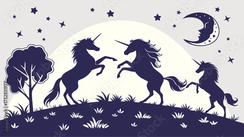 Magical Unicorn Silhouettes Dancing Under Starry Moonlit Sky. Whimsical Fantasy Illustration for Children's Books and Design.