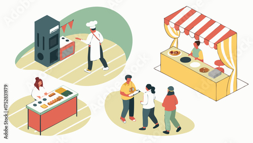 Vendors Selling Street Food at Lively Outdoor Market. Customers Buying from Small Business Stalls. Isometric Illustration for Event Marketing.