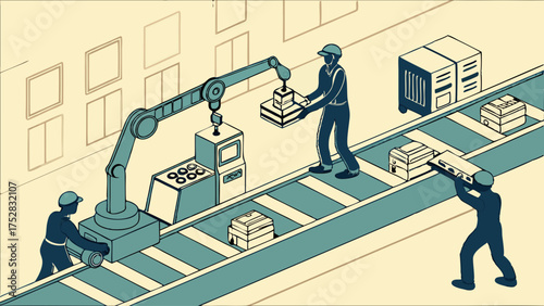 Automated Factory Production Line with Workers and Robotic Arm Optimizing Manufacturing Process for Industrial Efficiency and Logistics