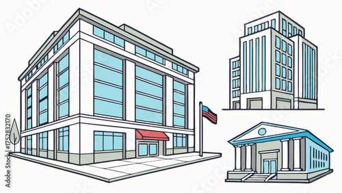 Diverse Commercial Buildings and Financial Institutions. Modern City Office Blocks, Bank, and Retail Store Architecture for Business, Real Estate, and Urban Development.