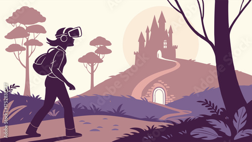 Exploring Fantasy World with VR Headset. Woman Walking Path to Castle in Metaverse Virtual World for Immersive Adventure.