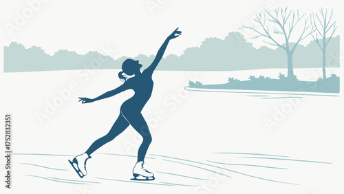 Graceful Female Figure Skater Gliding on Winter Ice. Elegant Woman Enjoying Outdoor Seasonal Sport and Artistic Performance Illustration