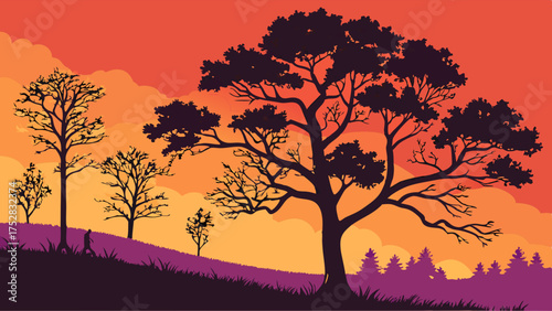 Vibrant Sunset Hills Landscape with Silhouetted Trees and Person Walking. Vector Illustration for Nature, Travel, and Digital Design