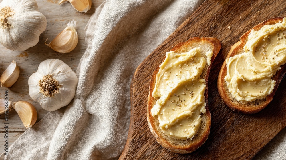 Fototapeta premium Fresh Roasted Garlic Spread on Rustic Bread with Garlic Cloves