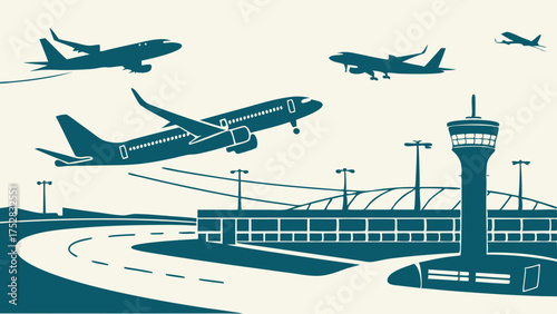 Dynamic Airport Scene with Airplanes Taking Off and Flying, Modern Terminal Building and Air Traffic Control Tower for Global Travel and Logistics.