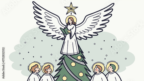 Christmas Angel Singing atop Festive Tree with Choir Carolers. Joyful Holiday Illustration for Seasonal Marketing and Spiritual Celebrations
