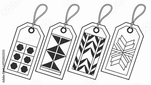 Modern Geometric Patterned Gift Tags. Black and White Decorative Labels for Winter Holiday Gifting, Retail Packaging, Branding, and Creative DIY Crafts.