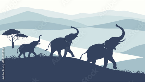 Elephant Family Silhouettes Walking Uphill in African Savanna Landscape for Wildlife Conservation, Education, and Progress