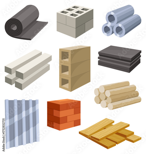 Building materials for construction sites or renovation works. Bricks, planks, metal, profile sheet vector set. Construction concept illustrate renovation works