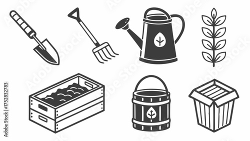 Gardening and Farming Tools Icons Set for Organic Agriculture, Planting, Harvest, Sustainable Lifestyle, and Eco-Friendly Web Design