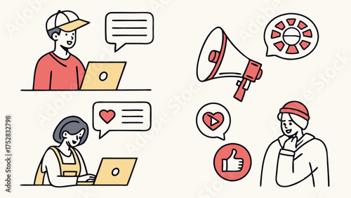 Young People Engaging on Social Media. Online Users and Content Creators with Laptops, Chat Bubbles, Likes, and Megaphone for Digital Marketing.