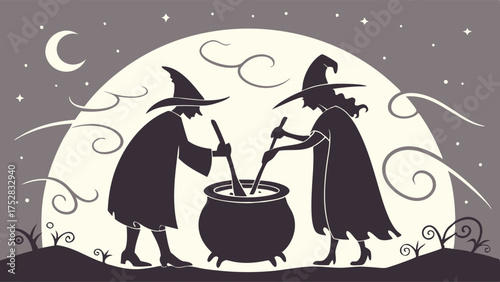 Halloween Witches Stirring Magic Potion in Cauldron Under Full Moon Silhouette for Spooky Party Invitations and Seasonal Event Marketing
