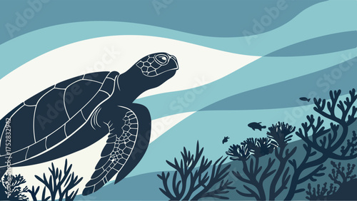 Peaceful Sea Turtle Swimming Underwater in Blue Ocean with Coral Reef and Fish Flat Illustration for Nature Wildlife Conservation