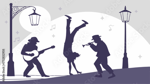 Energetic Street Performers Playing Music and Acrobatics Under City Lamps. Engaging Visual for Entertainment, Event Marketing, and Cultural Lifestyle.