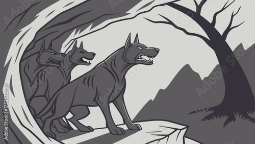 Fierce Guard Dogs Snarling Aggressively at Dark Cave Entrance. Powerful Mythical Beasts Symbolizing Danger, Security, and Challenging Obstacles. Vigilance Illustration.