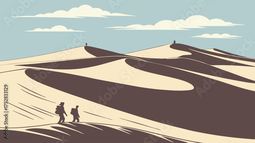 Determined Hikers Trekking Desert Sand Dunes Adventure Travel Exploration Perseverance Challenge Flat Art