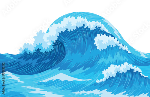Ocean waves, splash water, marine sea storm element. Blue sea or ocean wave with spray, foam on crest. Vector illustration