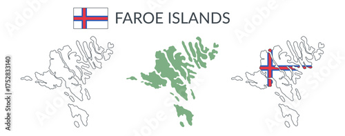 Faroe Islands geographical borders isolated on white background. Flag of Faroe Islands. Vector flat cliparts.