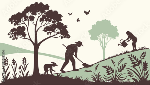 Community Sustainable Farming Silhouette People Working Garden Cultivating Nature for Organic Food Production and Eco Friendly Lifestyle