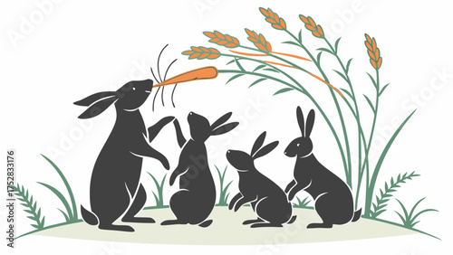 Adult Hare Shares Carrot with Young Hares. Nurturing Teamwork, Mentorship, Resource Sharing, Growth, Community Support for Business and Family.