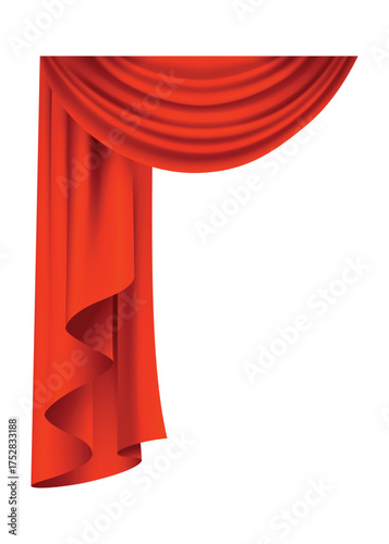Red curtains realistic. Theater fabric silk decoration for movie cinema or opera hall. Curtains and draperies interior decoration object. Isolated on transparent for theater stage