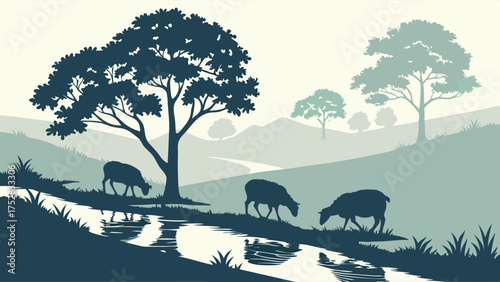 Peaceful Sheep Grazing by Flowing Stream in Misty Hilly Landscape Vector Illustration for Environmental and Rural Design