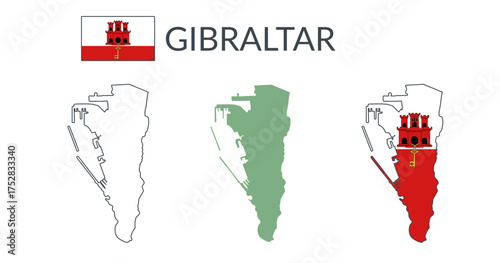 Gibraltar geographical borders isolated on white background. Flag of Gibraltar. Vector flat cliparts.