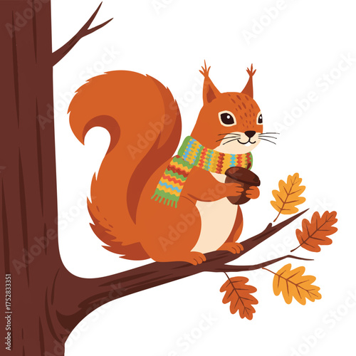 A smug squirrel in a vibrant knitted autumn scarf proudly holds a prized nut on a tree branch, depicted in a charming flat 2D vector illustration with clean outlines and a white background.