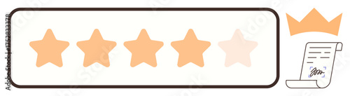 Five stars with one lightly shaded, crown symbol above, and signed document. Ideal for review system, quality excellence, customer satisfaction, feedback, evaluation rating incentives. Simple flat