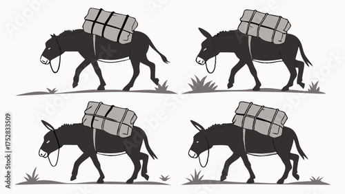 Four Donkeys Carrying Heavy Loads Walking on a Rural Path Monochrome Illustration of Hard Work, Perseverance, and Traditional Logistics Transport