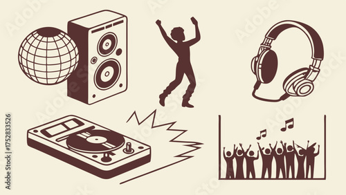Energetic Music Party Celebration. Retro DJ Turntable, Disco Ball, Speaker, Headphones, Dancing People, Singing Crowd. Fun Entertainment