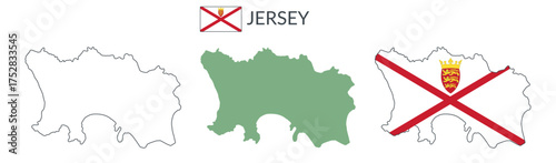 Jersey geographical borders isolated on white background. Flag of Jersey. Vector flat cliparts.