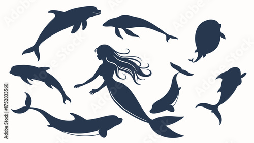 Mythical Mermaid and Marine Mammal Silhouettes Vector Set for Enchanting Ocean Themed Designs Children's Books and Aquatic Branding Graphics