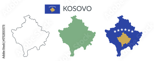 Kosovo geographical borders isolated on white background. Flag of Kosovo. Vector flat cliparts.